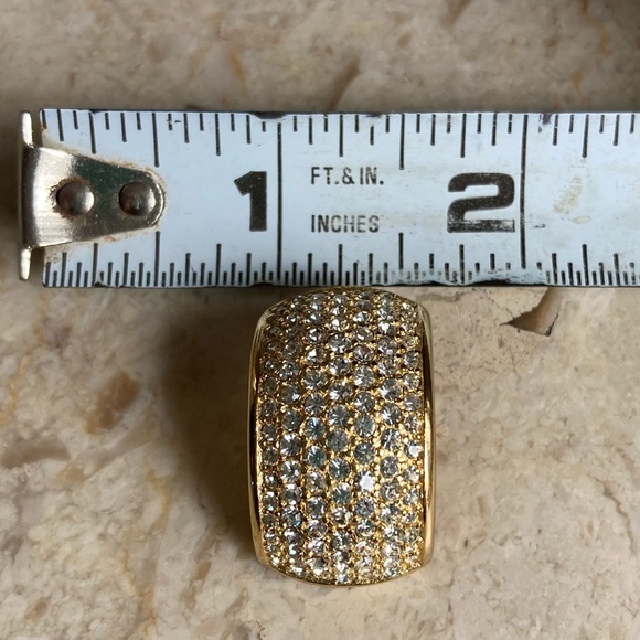 CHRISTIAN DIOR Signed, Vintage Crystal & Gold Tone Clip-On Huggie Hoop Earrings - Picture 6 of 9